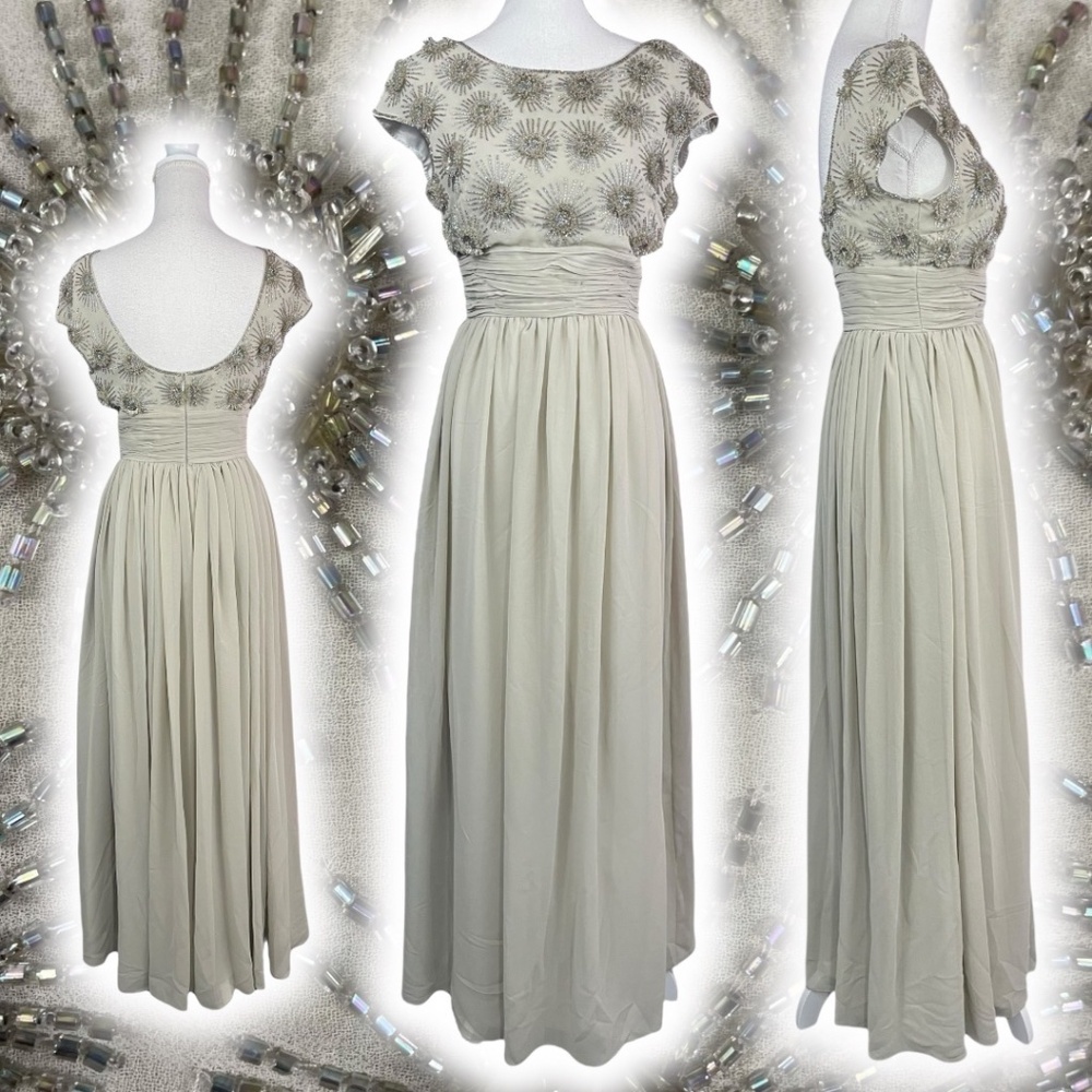 Beaded Sunburst Gown 4 Beige Long Maxi Dress Sun Flower Cap Sleeve Low Back JS